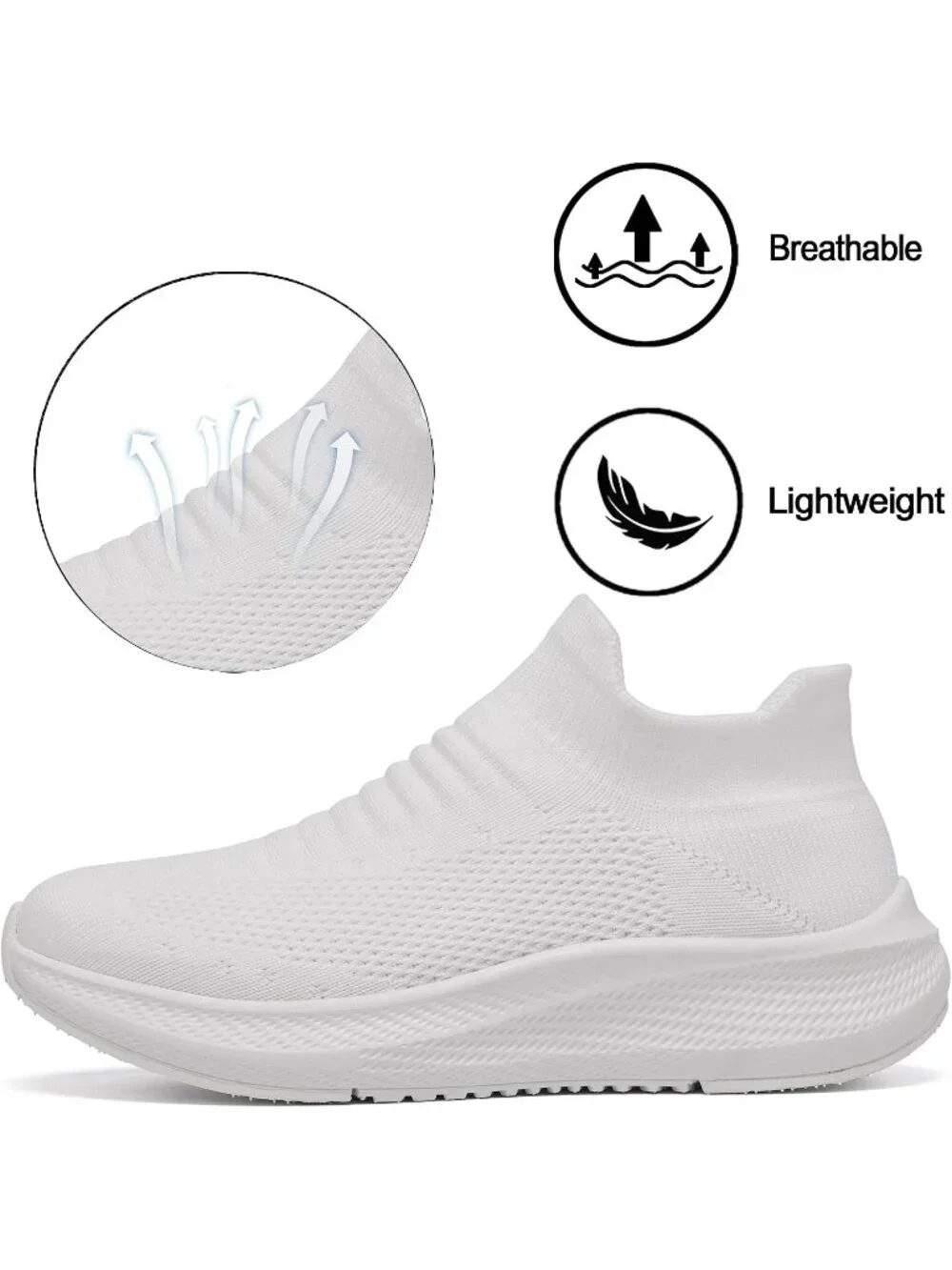 Women's White Comfort Lightweight Sock Work Mesh Slip on Casual Sneaker Shoes